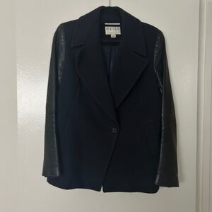 Reiss Navy Wool and Black Leather Sleeves Blazer Jacket Size S Good Condition